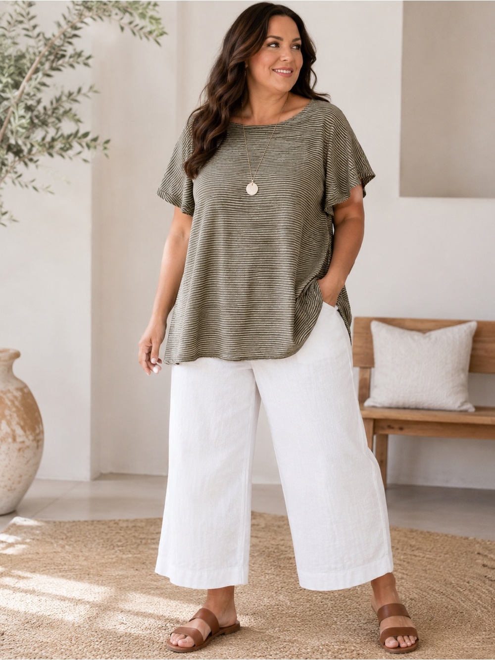 Ruby Rd. Olive and Cream Striped Flutter Sleeve Knit Comfy Top